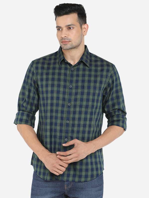 Green Checked Full Sleeve Cotton Shirt